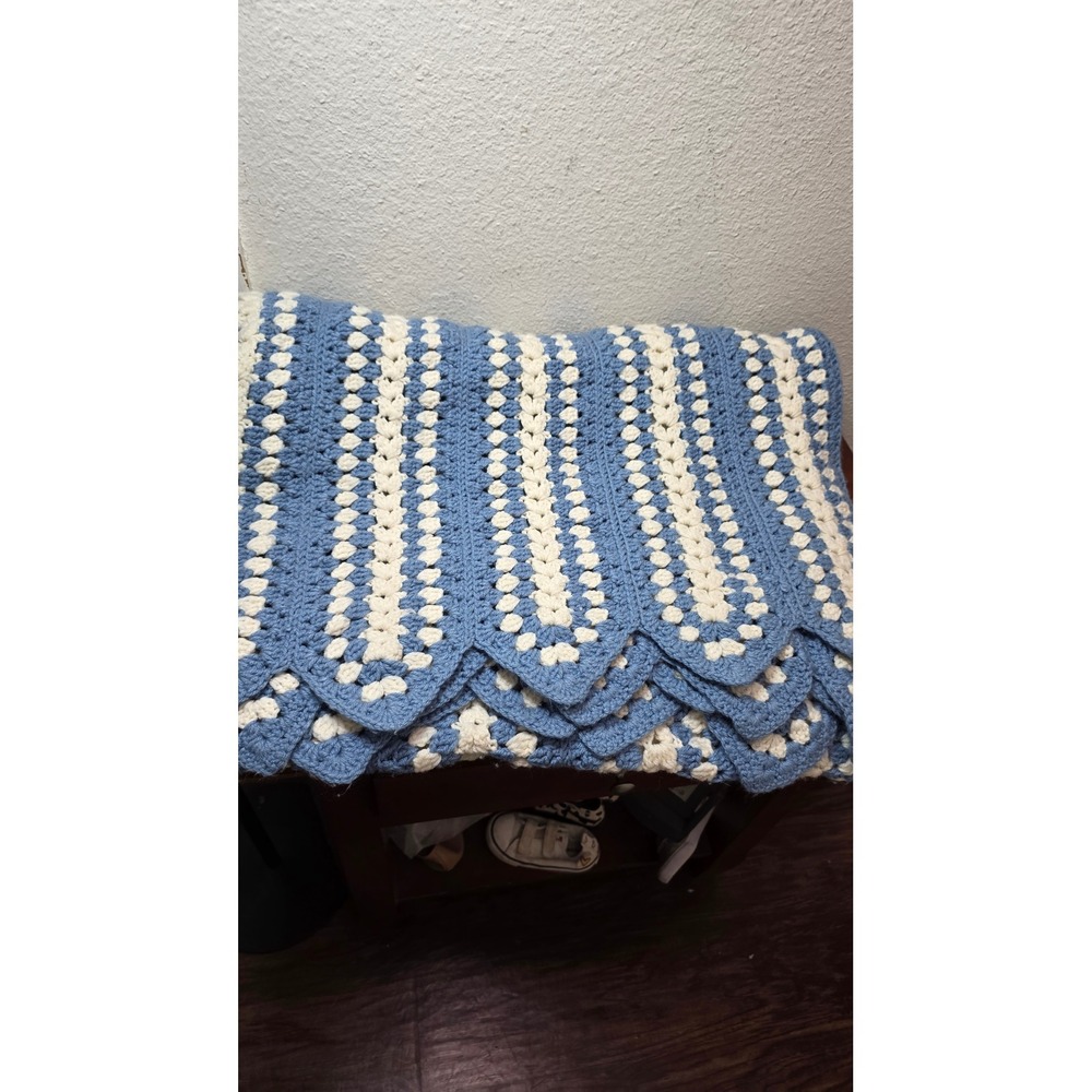 Handmade Crochet Afghan Blanket Blue Cream Striped Granny Stitch Scalloped Edge